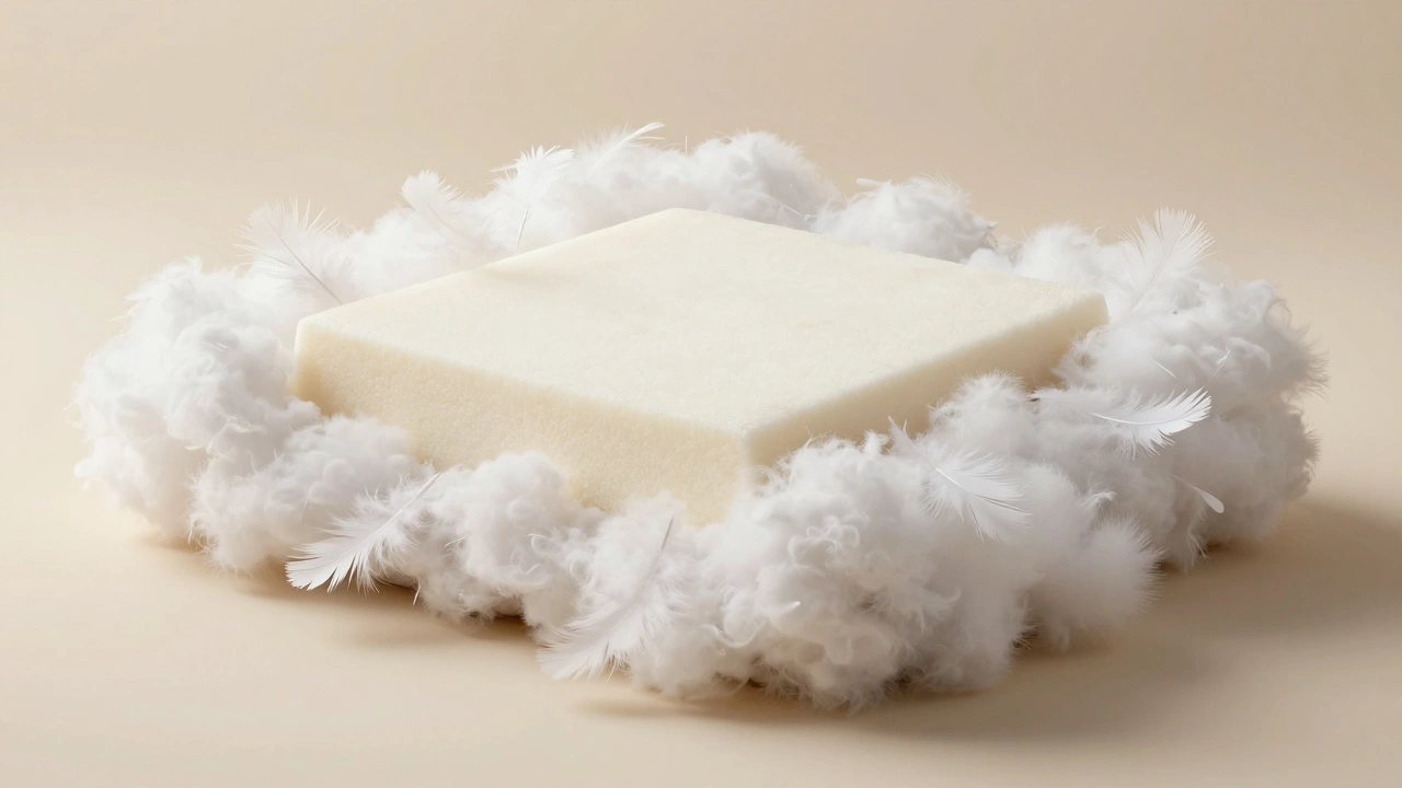 Diagram of a hybrid cushion with a supportive foam core wrapped in soft down feathers