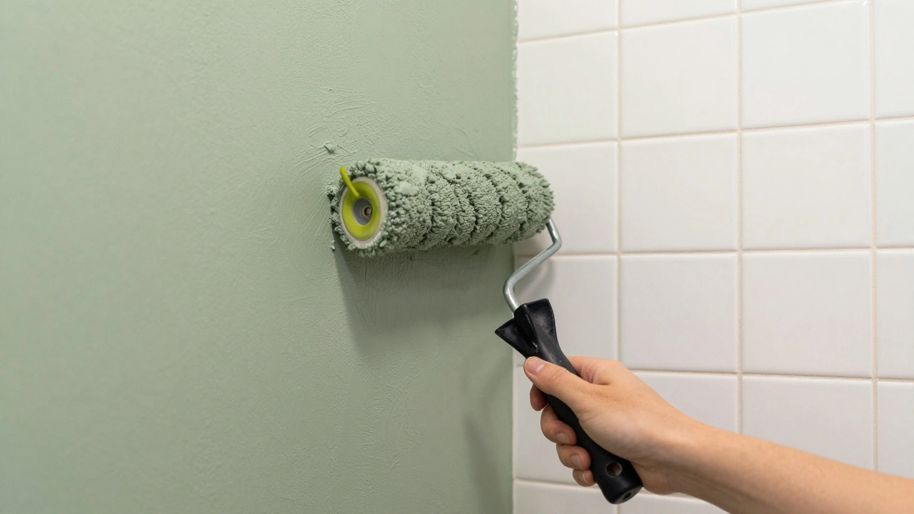 Hand painting a bathroom wall in sage green next to crisp white epoxy tiles
