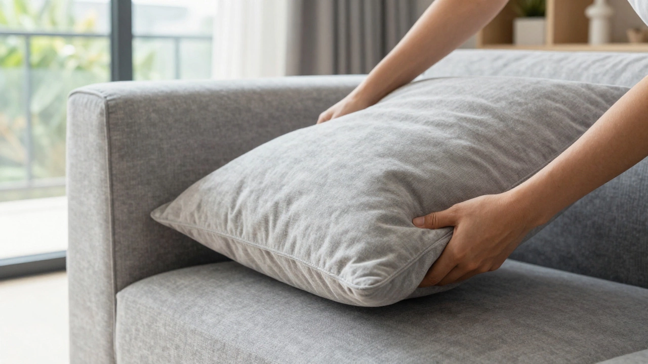 Hands rotating a sofa cushion on a grey couch to ensure even wear and longevity