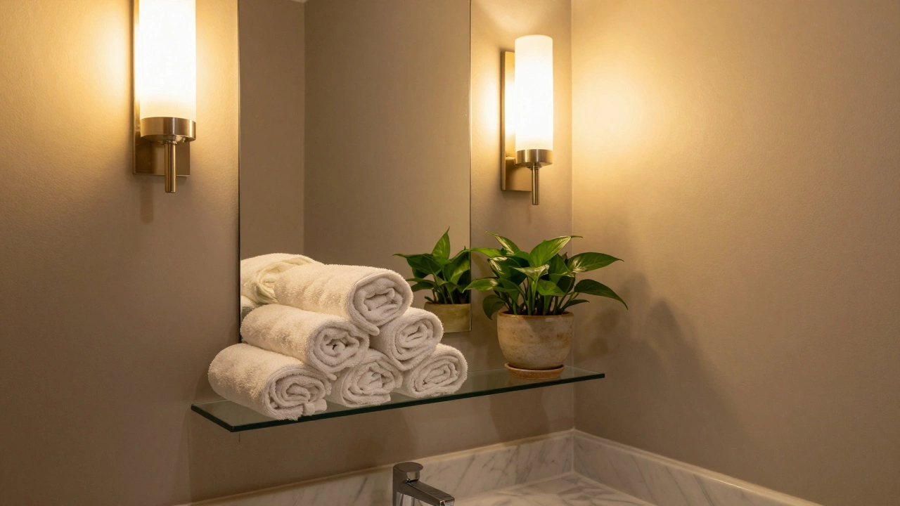 Luxury bathroom corner with warm sconce lighting, rolled white towels, and a potted plant