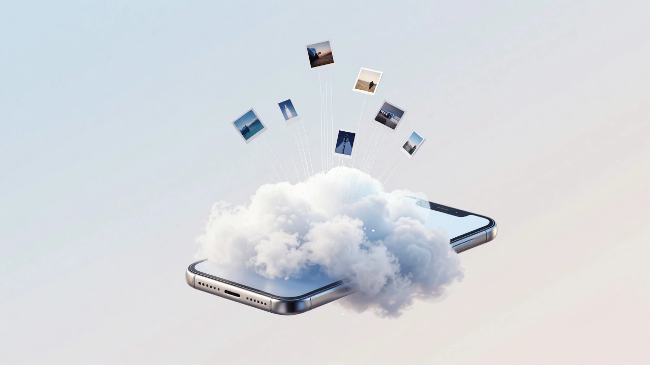 Smartphone uploading photos to a glowing digital cloud