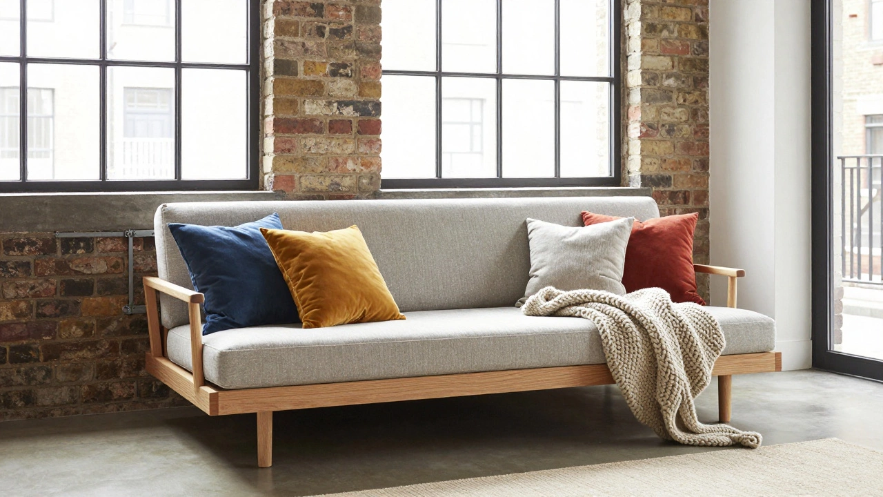 A stylish wooden futon sofa bed in a bright London studio apartment.
