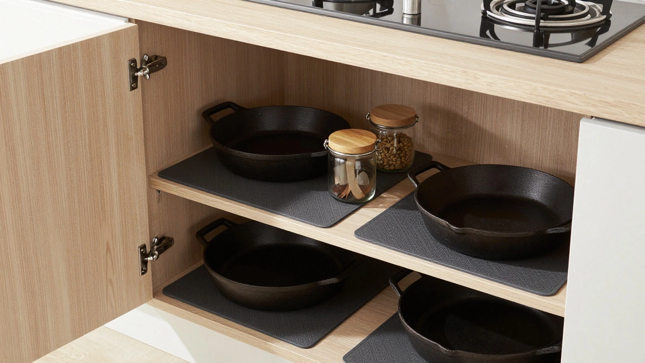 Black silicone mats protecting kitchen shelves with cookware