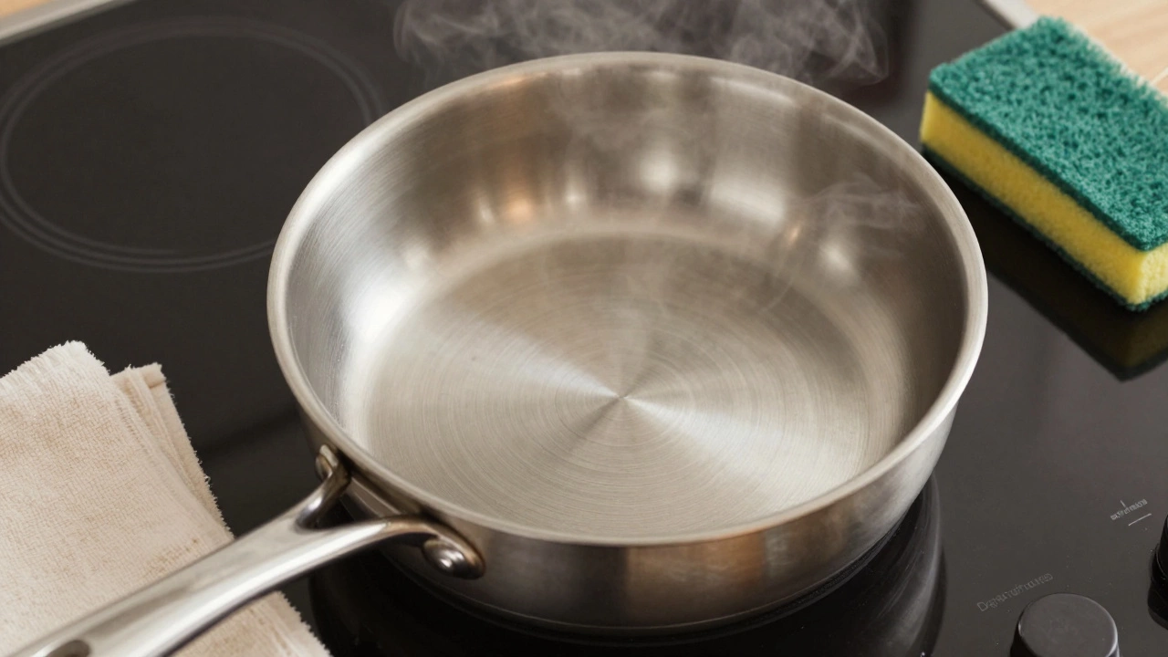 Clean stainless steel pan on an induction hob with steam rising gently.