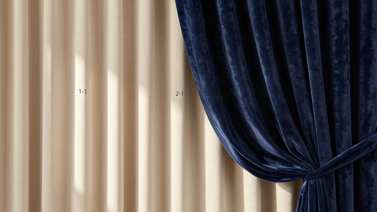 Close up of deep luxurious curtain folds versus flat hanging fabric