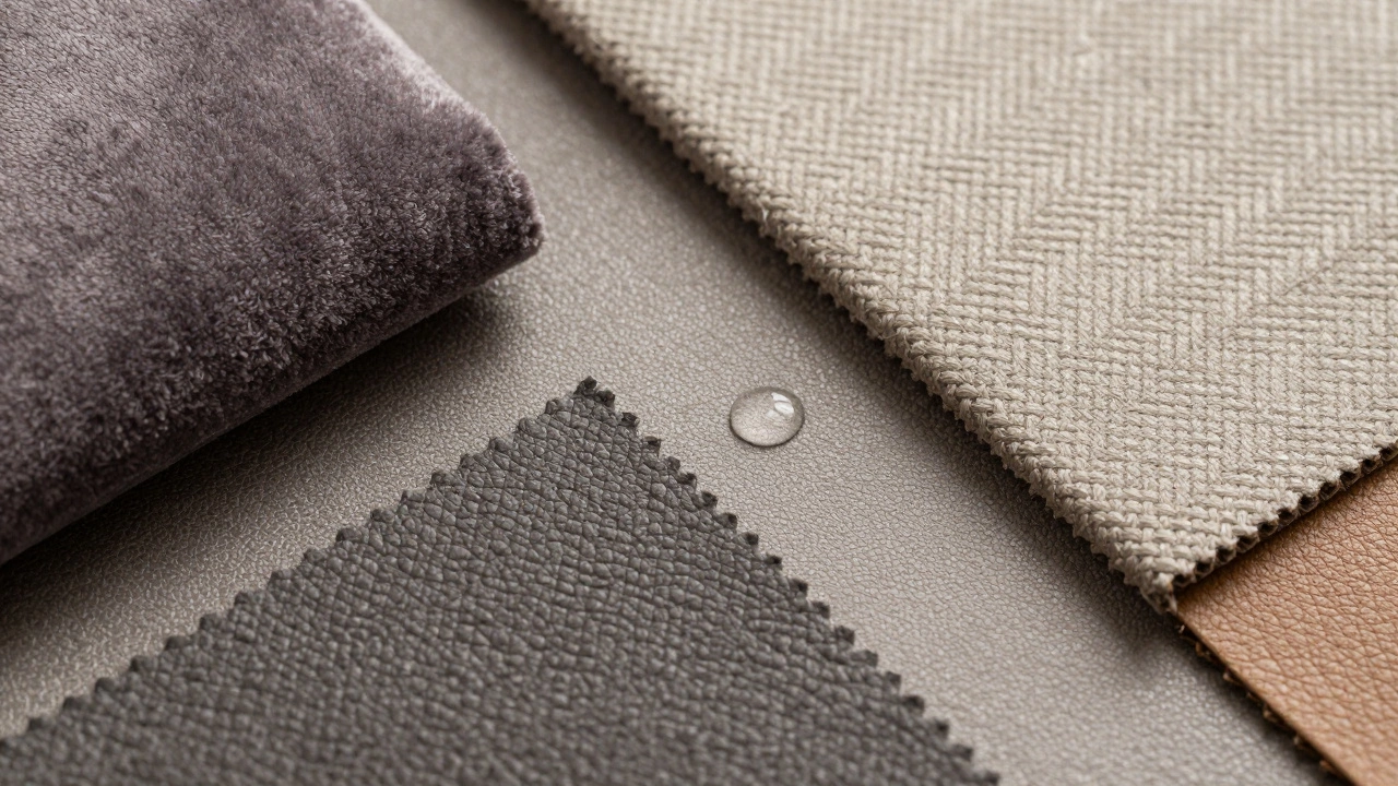 Close-up of durable sofa fabrics like velvet, microfiber, and leather.