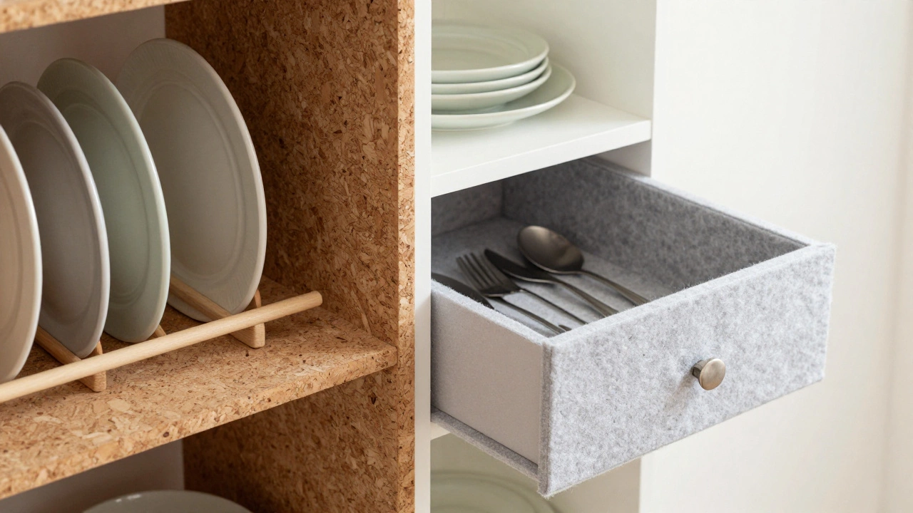 Cork and felt liners organizing a bright, tidy home pantry