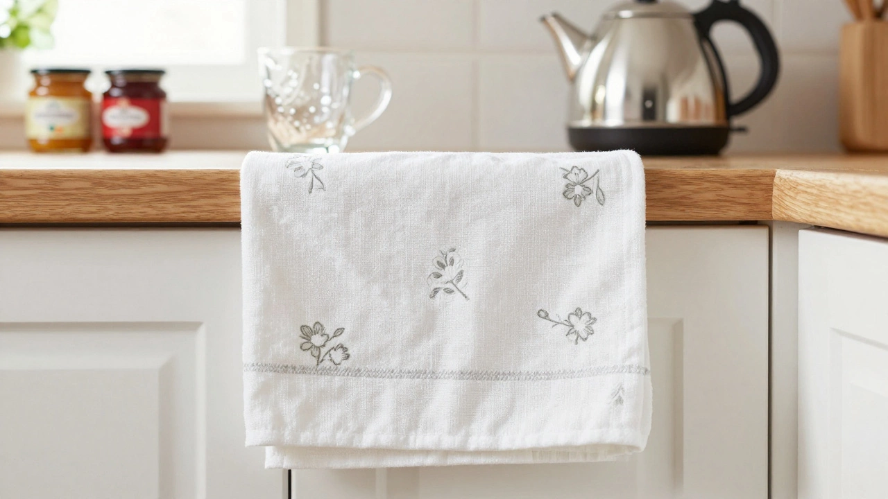 Cotton tea towel drying dishes in a kitchen