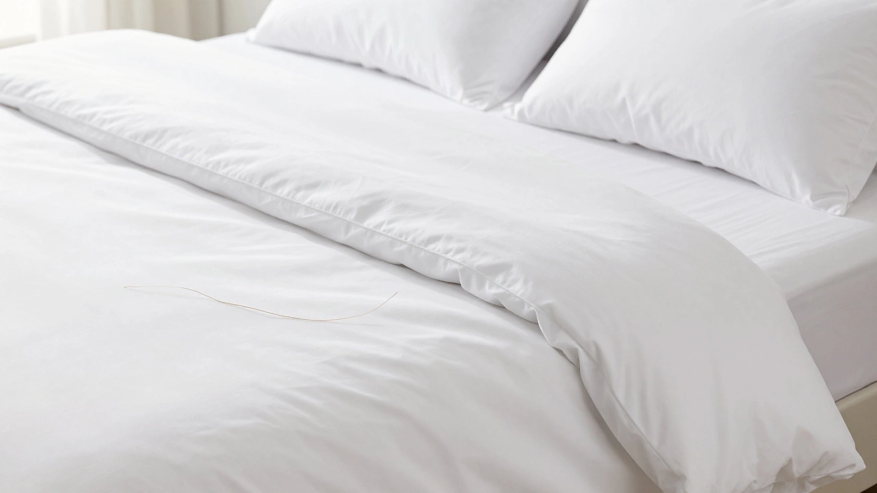 Crisp white percale cotton sheets on a bed with bright morning lighting