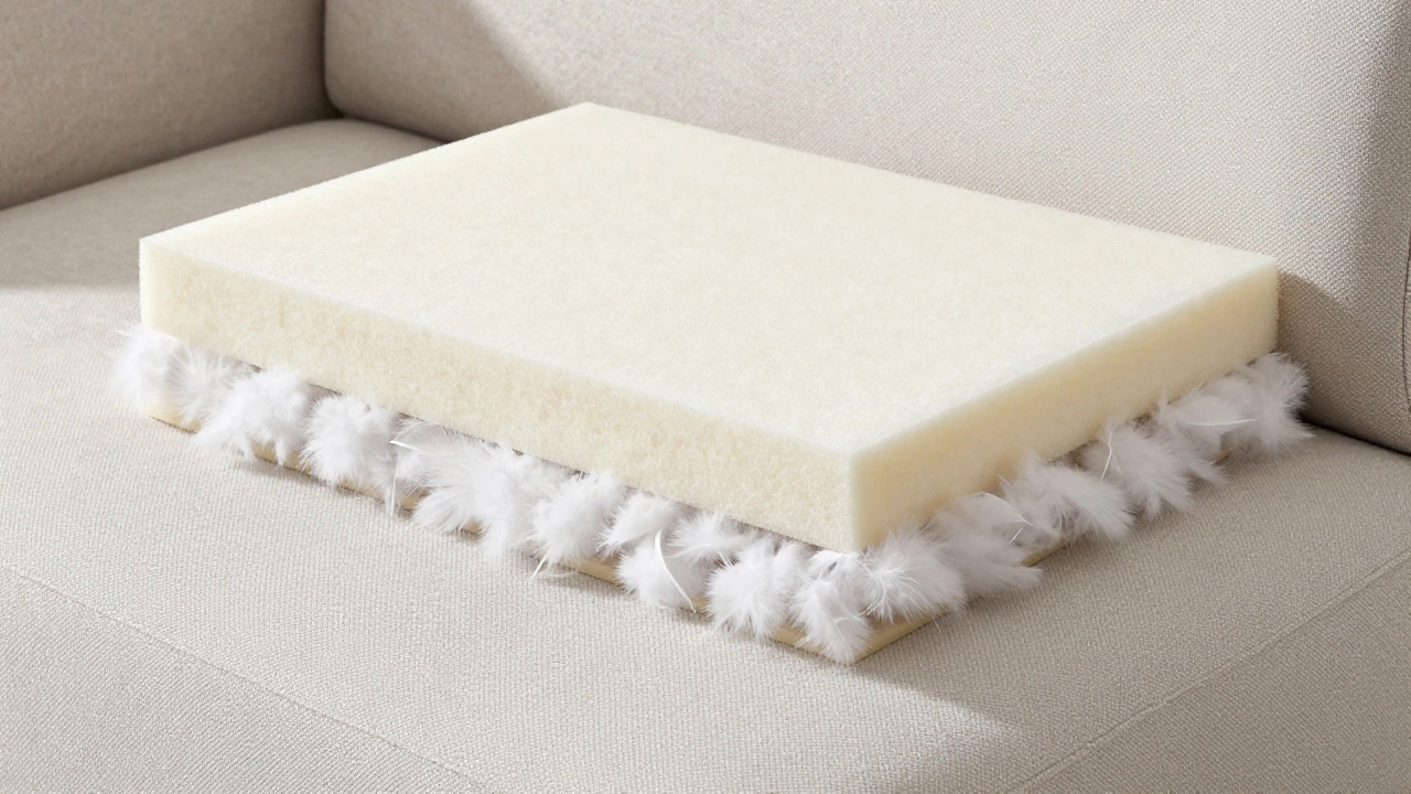 Cross-section view of hybrid cushion with foam core and down wrap