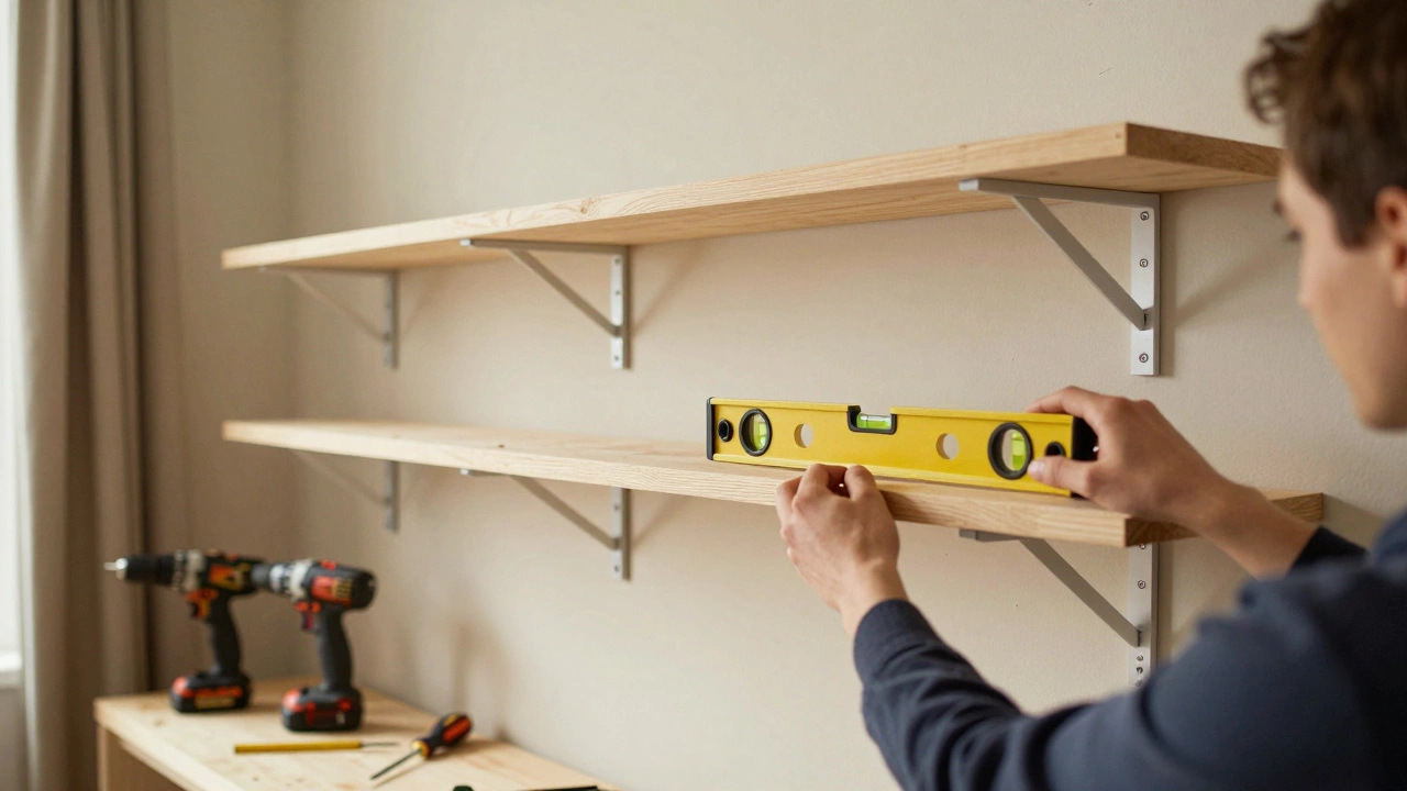 DIY shelf installation with spirit level and three brackets