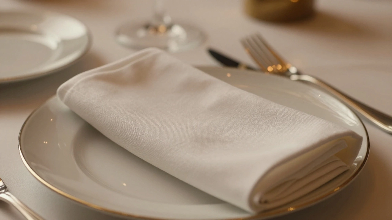 Folded linen napkin at a formal dinner setting
