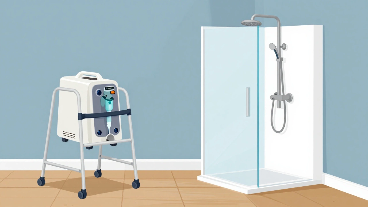 Illustration comparing portable medical equipment to fixed home showers