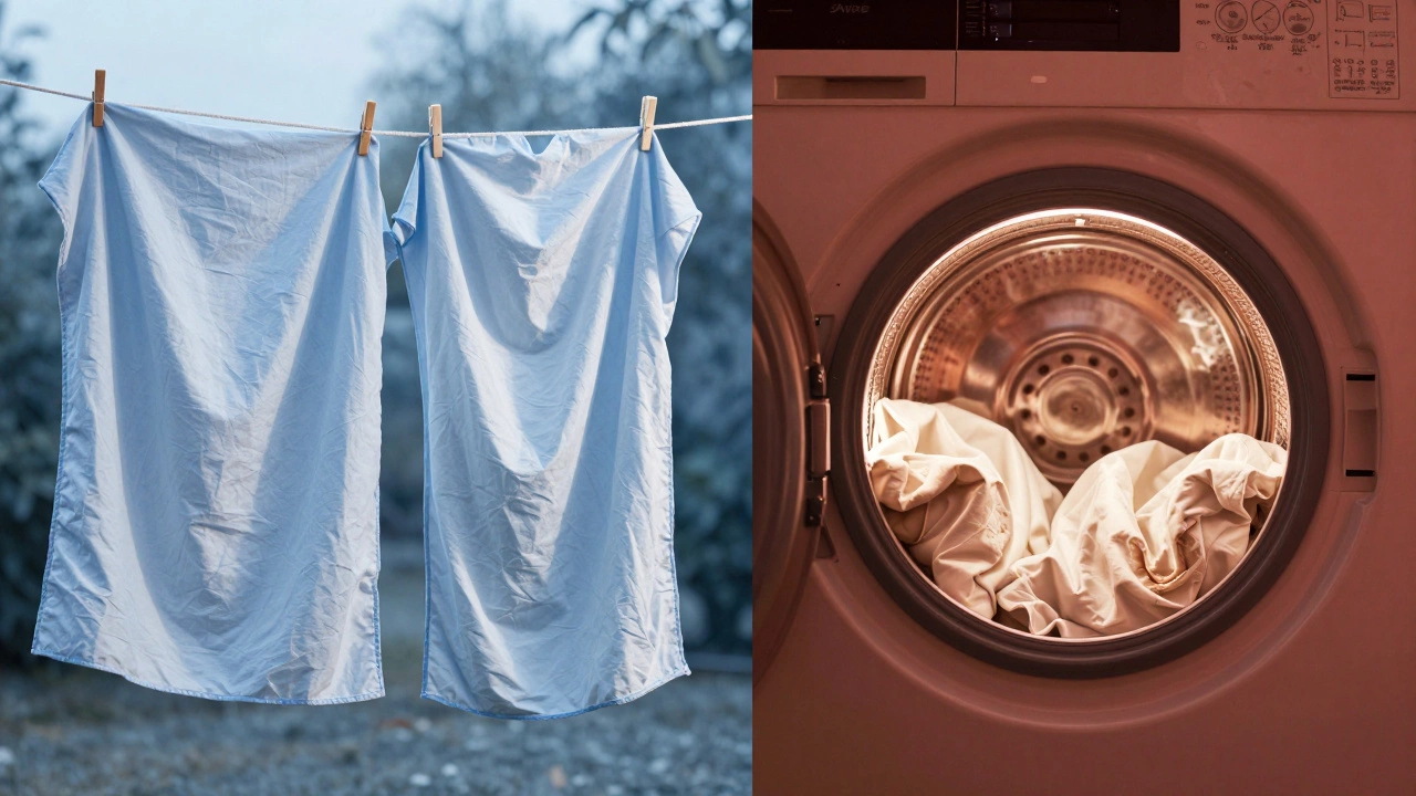 Linen sheets air-drying outside vs polyester sheets in a hot dryer