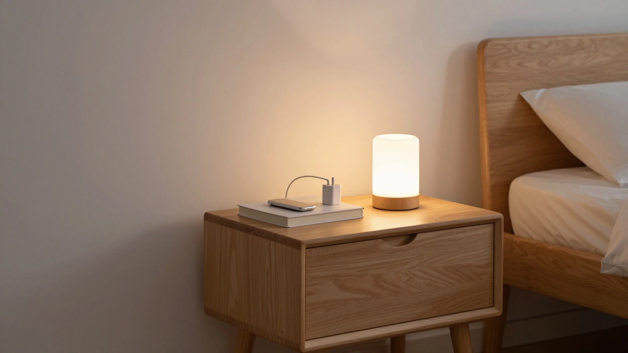 Minimalist bedroom nightstand with only essentials, promoting calm and order