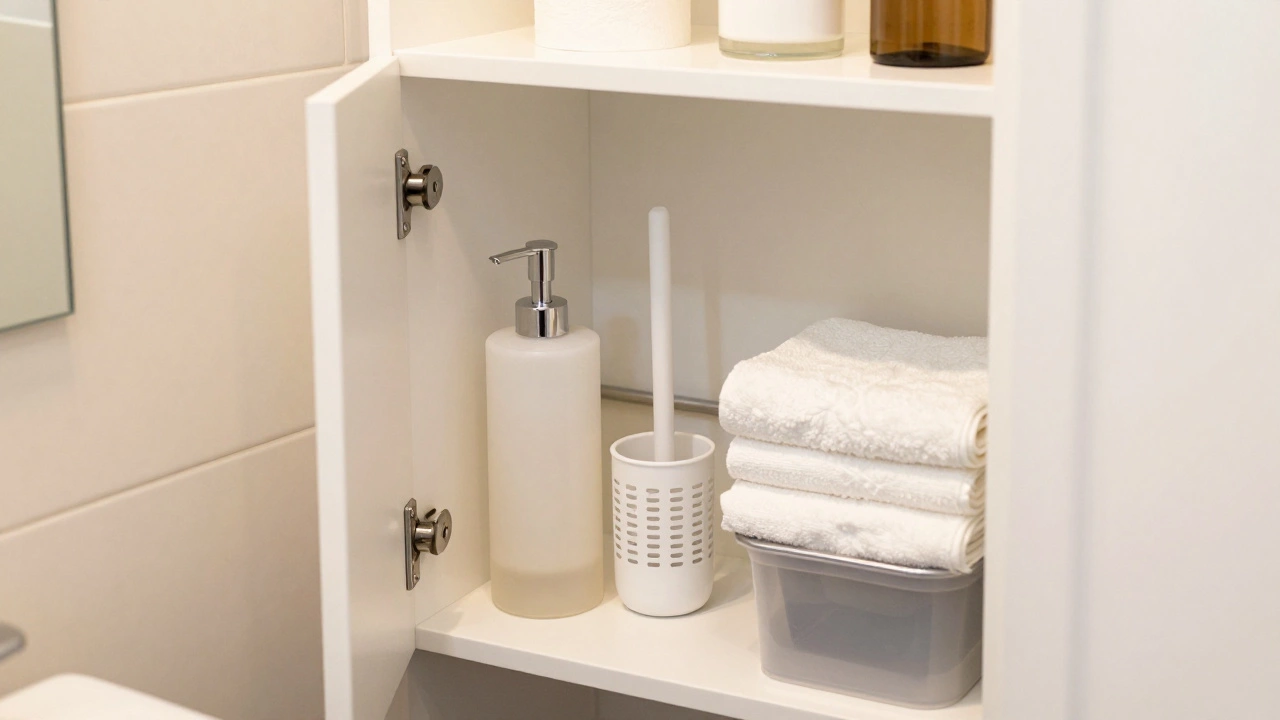 Organized bathroom shelf with soap, towels, and cleaning tools
