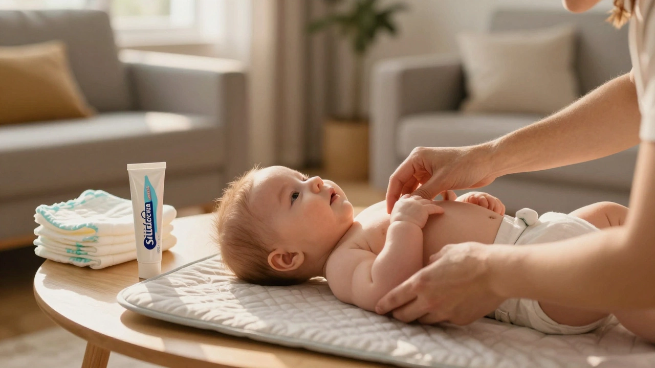 Parent using Sudocrem cream during baby nappy change at home