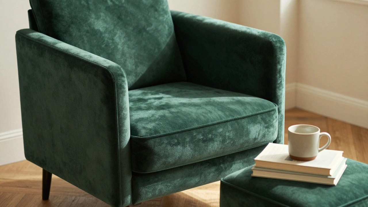 Person relaxing in a plush green velvet club chair in a sunny reading nook.