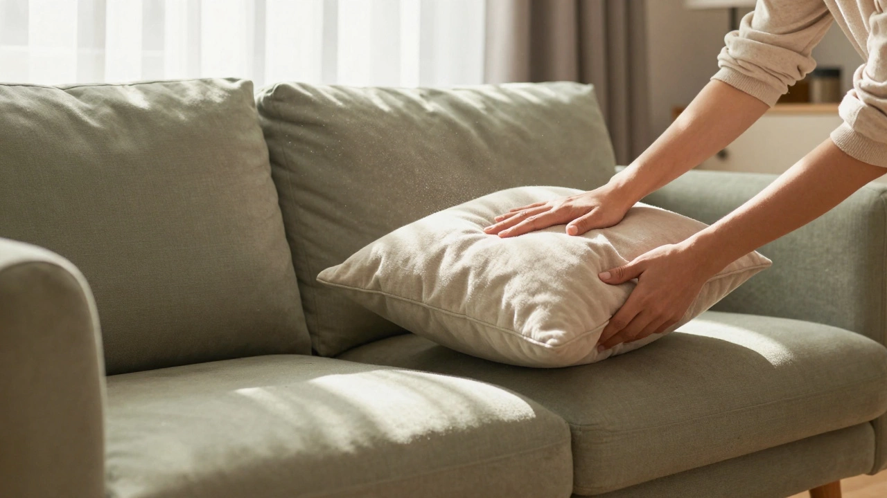 Person rotating cushions on a sofa in a sunny, cozy living room.