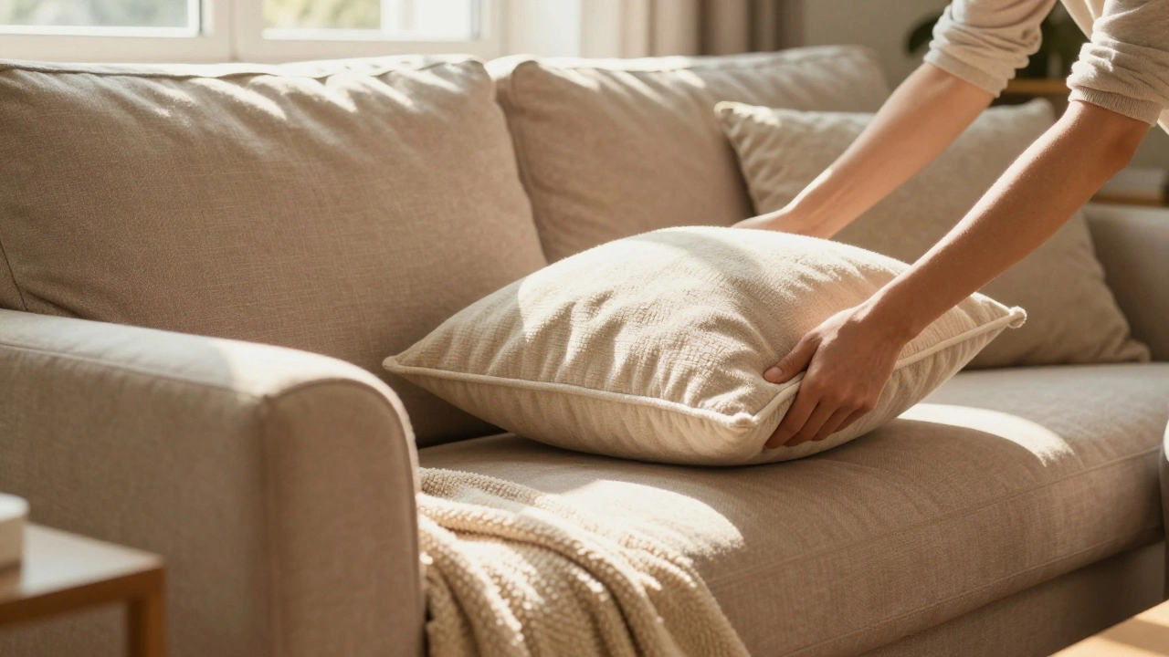 Person rotating sofa cushions in sunny living room for maintenance