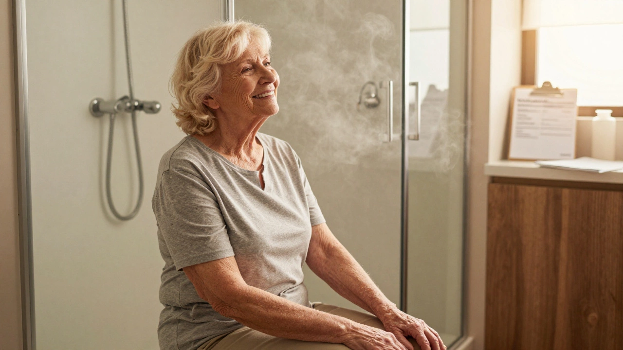 Senior enjoying safe bathing in a new accessible walk-in shower
