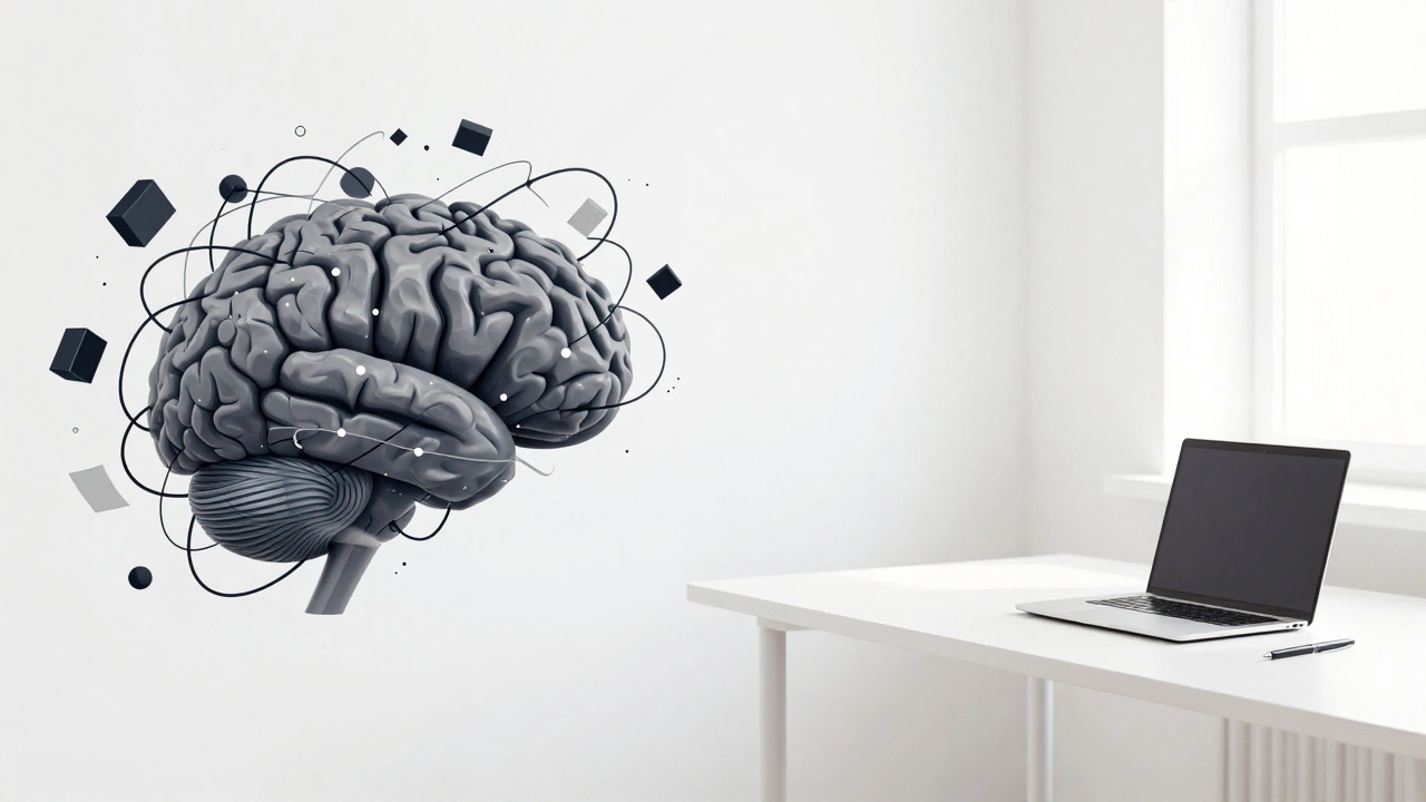 Split image contrasting mental clutter with a clear, focused workspace