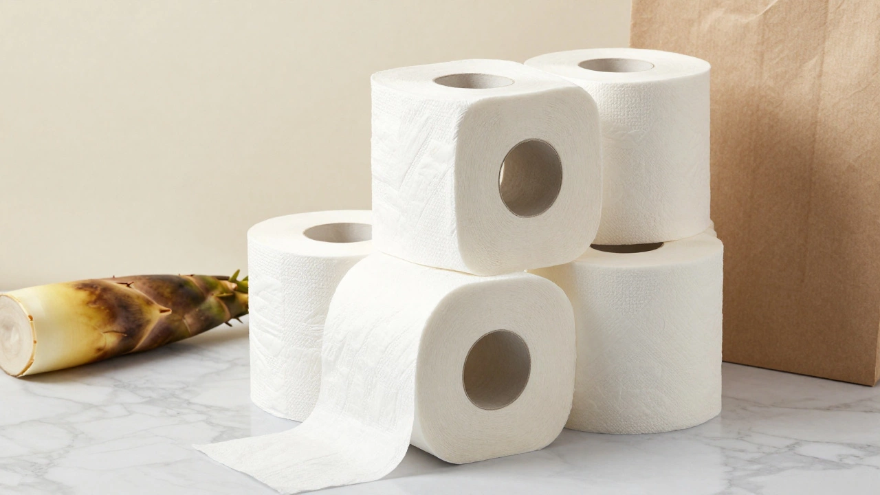 Stack of toilet paper rolls next to bamboo and recycled materials