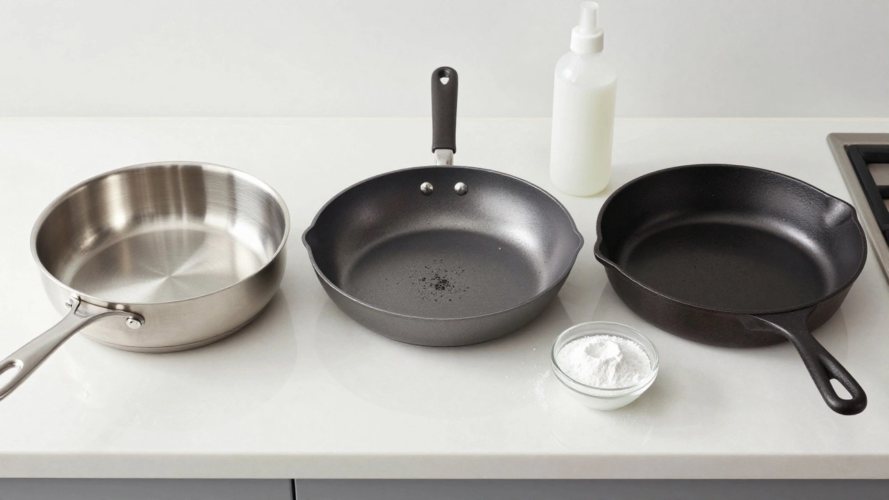 Stainless steel, non-stick, and cast iron pans with cleaning supplies like baking soda.