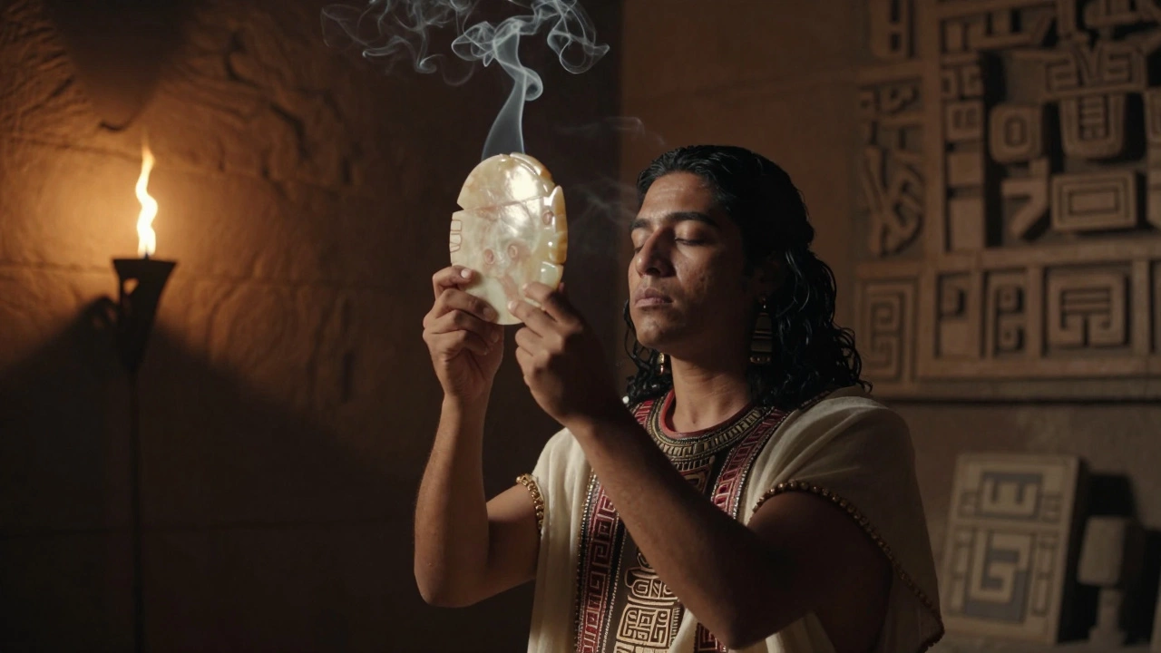 Aztec priest gazing into an obsidian mirror for divination in a smoky ritual chamber