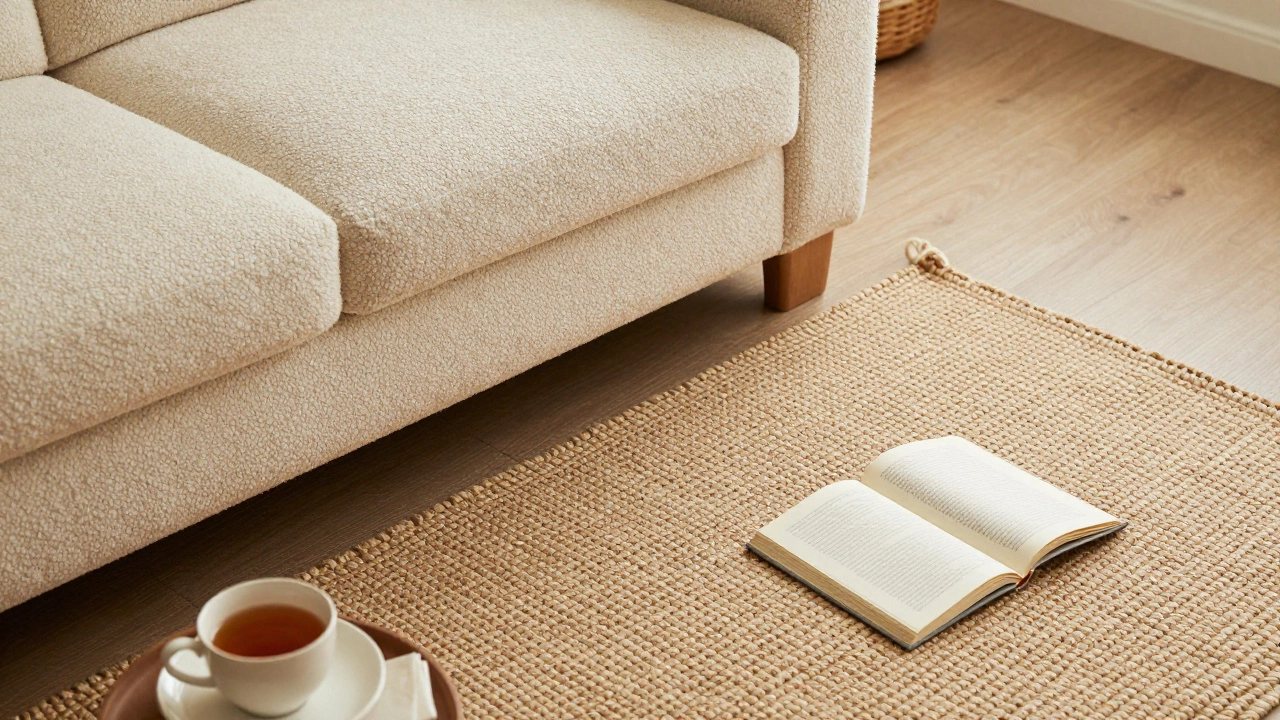 Close up of textured jute rug next to a cream boucle sofa