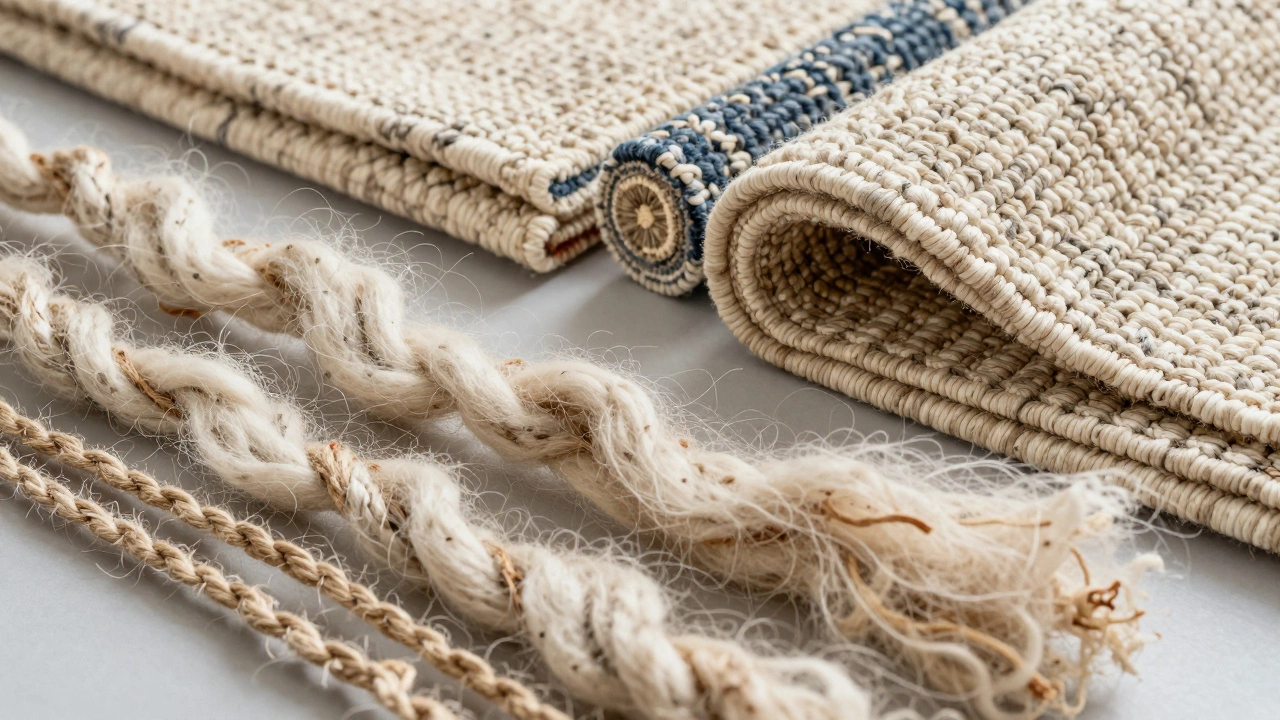 Close-up of wool, cotton, and jute rug fibers and weaves