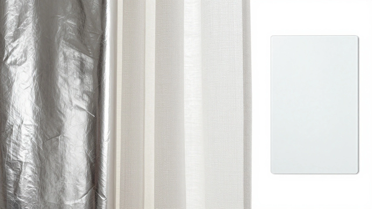 Comparison of reflective film, sheer linen curtain, and opaque smart glass samples