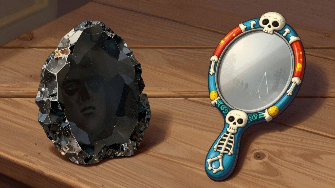 Contrast between ancient obsidian mirror and modern colorful souvenir hand mirror