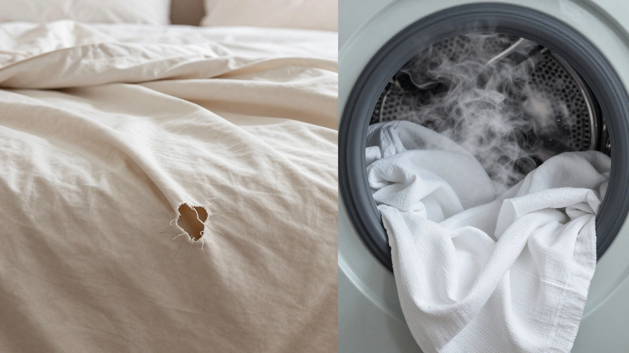 Contrast between frayed domestic sheets and strong commercial linen