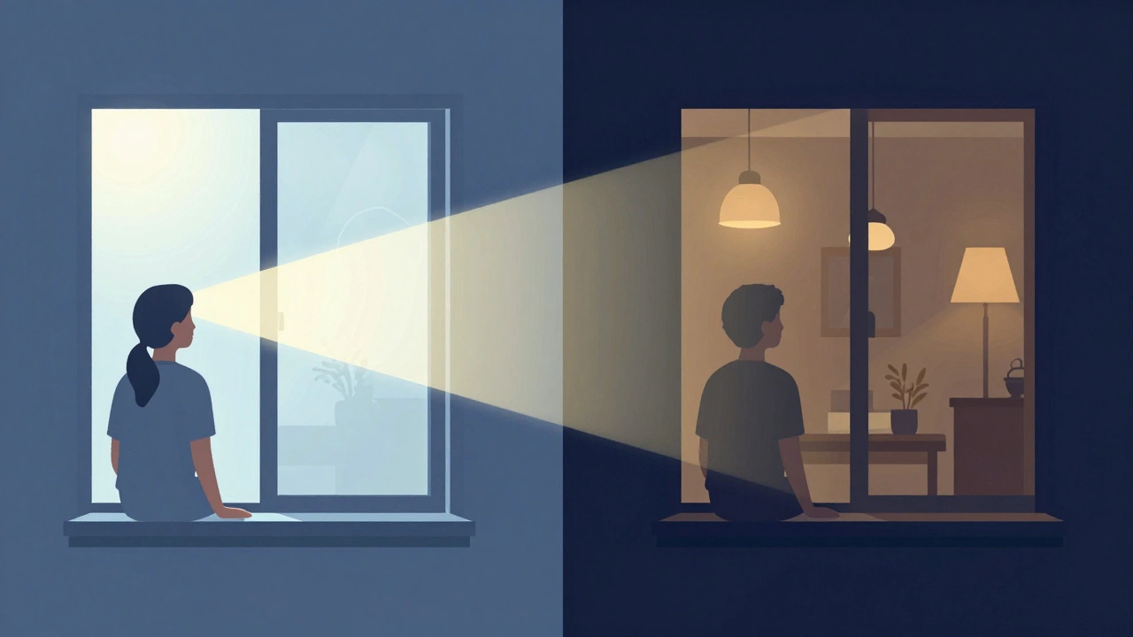 Diagram illustrating how light balance affects one-way window visibility day vs night