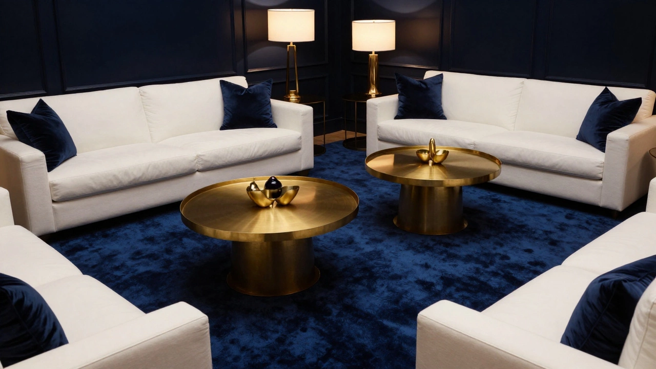 Elegant living room with deep navy blue carpet, brass furniture, and white sofas