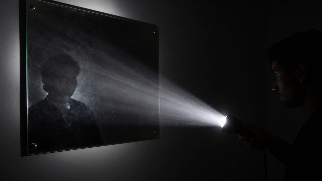 Flashlight revealing hidden room behind two-way mirror