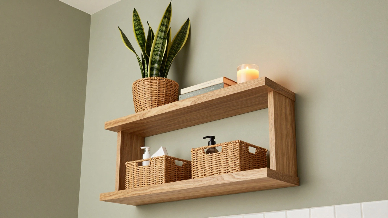 Floating shelves with a snake plant, candle, and woven storage baskets