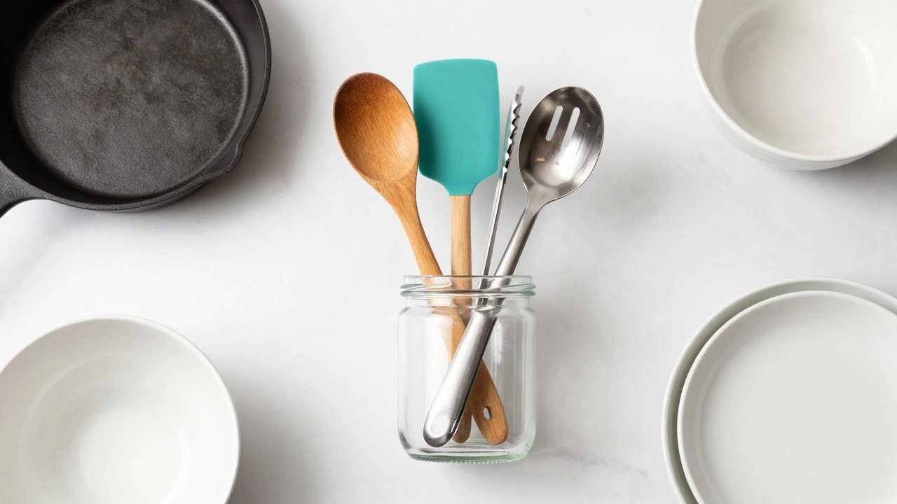 Glass jar of cooking utensils surrounded by pots, pans, and plates on a marble counter.