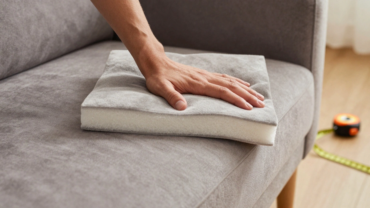Hand testing sofa cushion bounce-back with measuring tape in background.