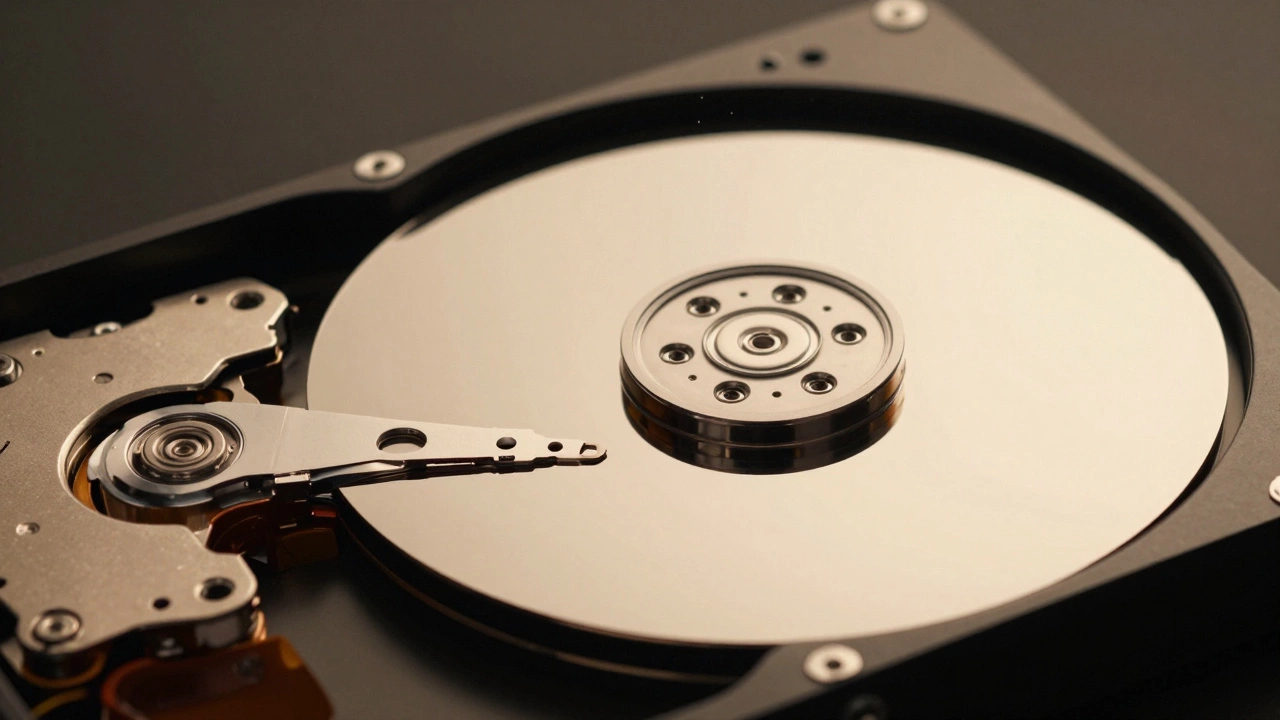 Macro view of open hard drive mechanical platters