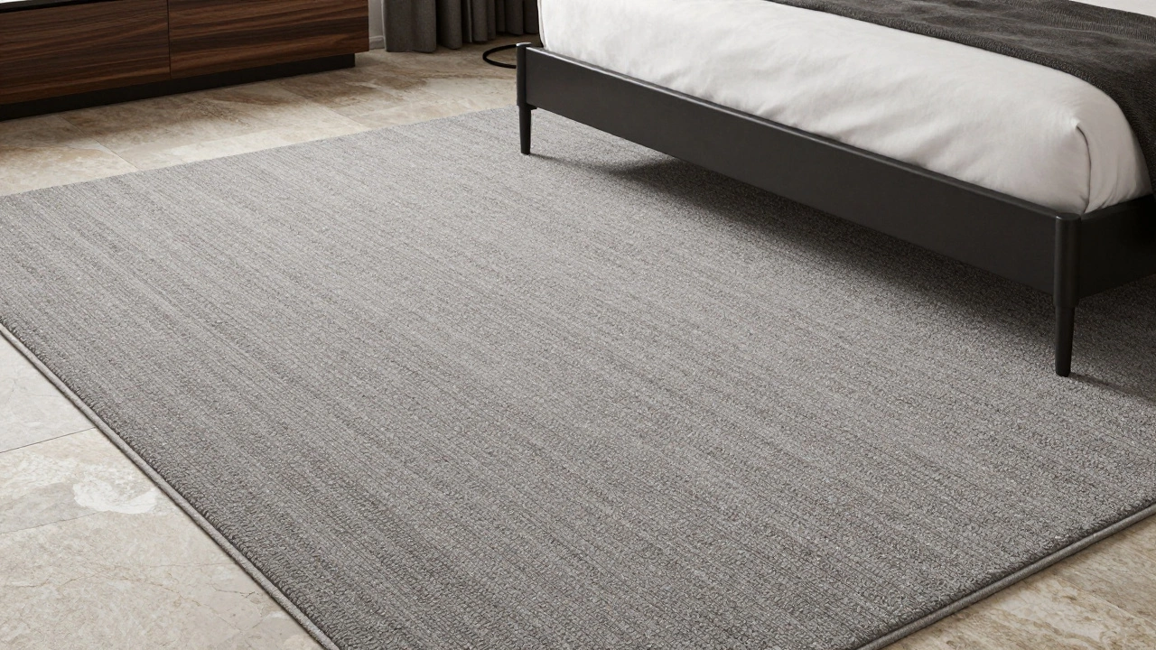 Modern bedroom with textured warm gray carpet and sleek black hardware accents