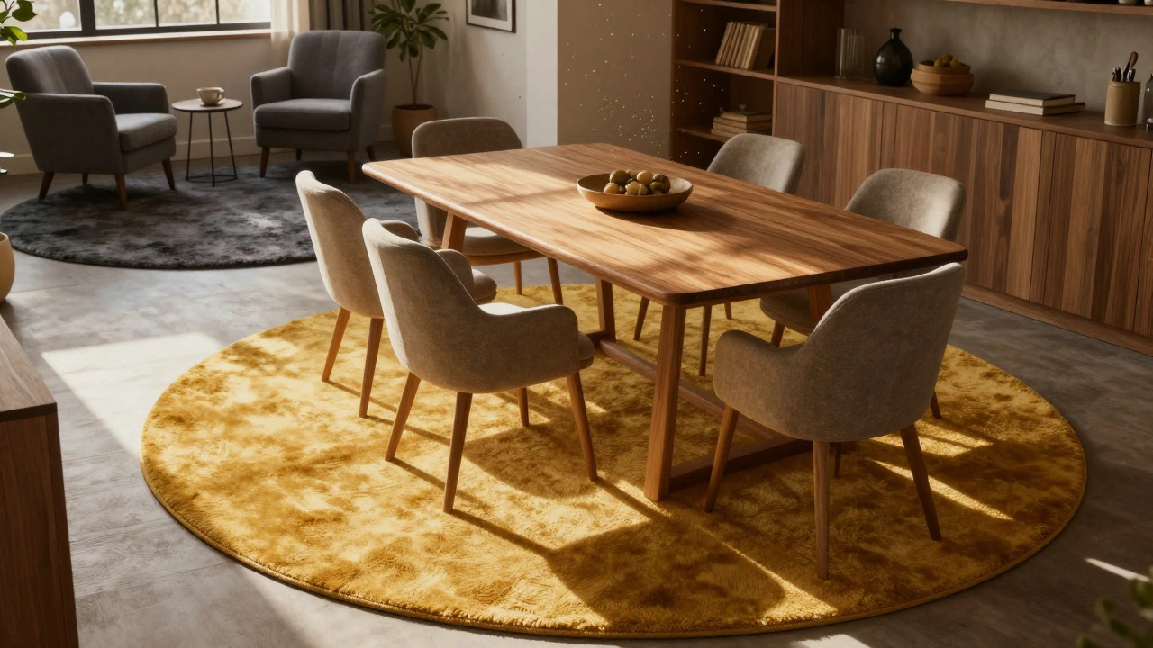 Oval mustard rug under dining table and round charcoal rug in reading nook