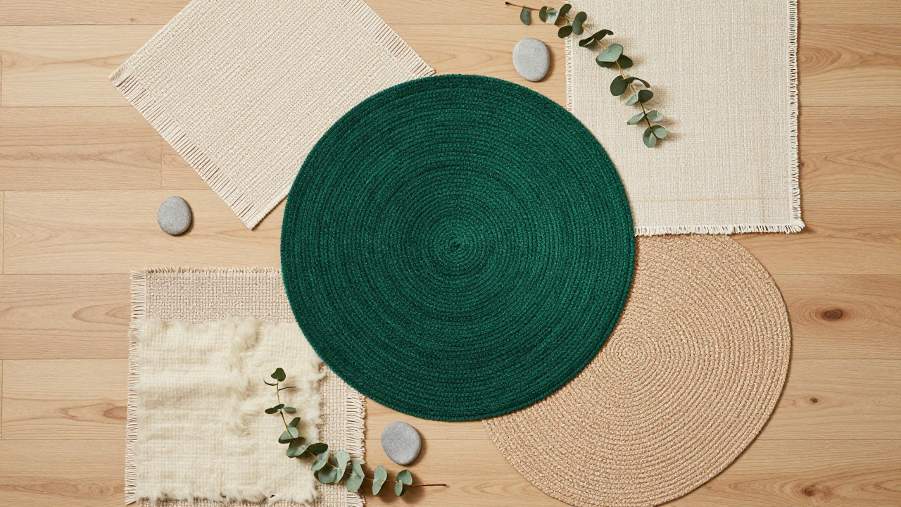 Overhead view of round and oval sustainable rugs with natural textures