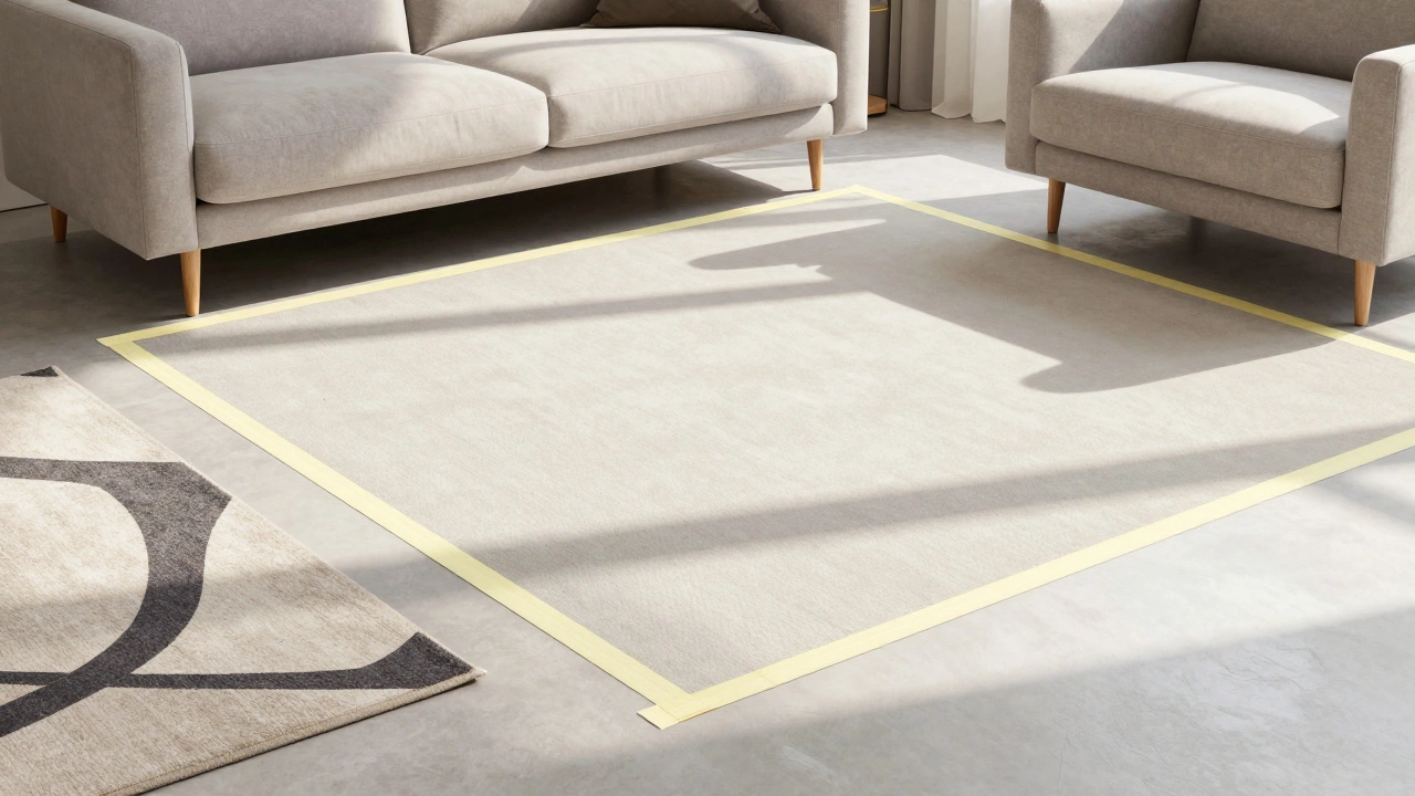 Painter's tape on floor marking rug size near a modern sofa