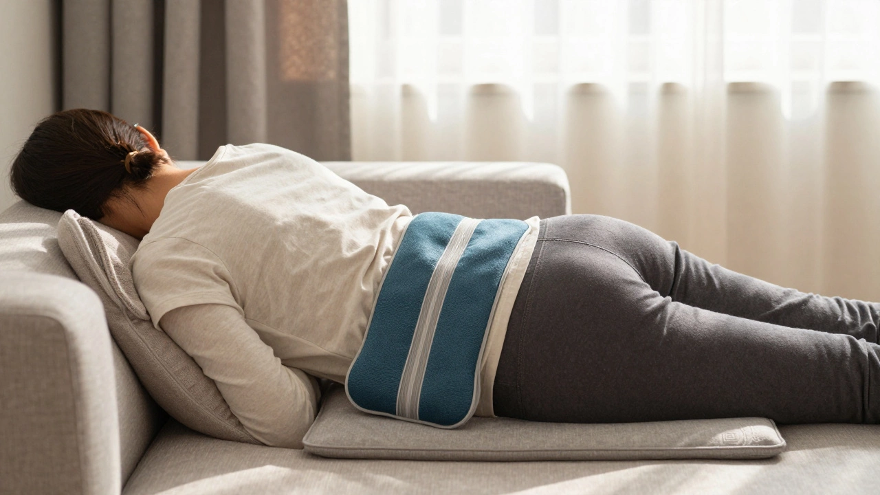 Person using a heating pad and wedge cushion for relief