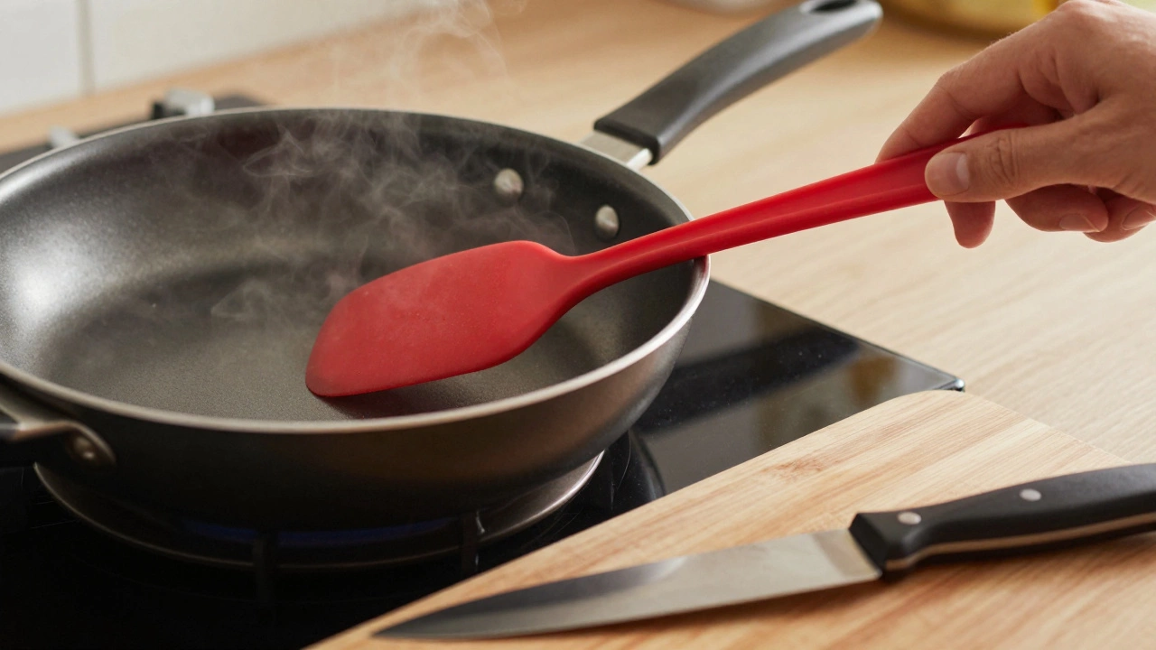 Silicone spatula hovering over a non-stick pan, highlighting safe kitchen tool materials.