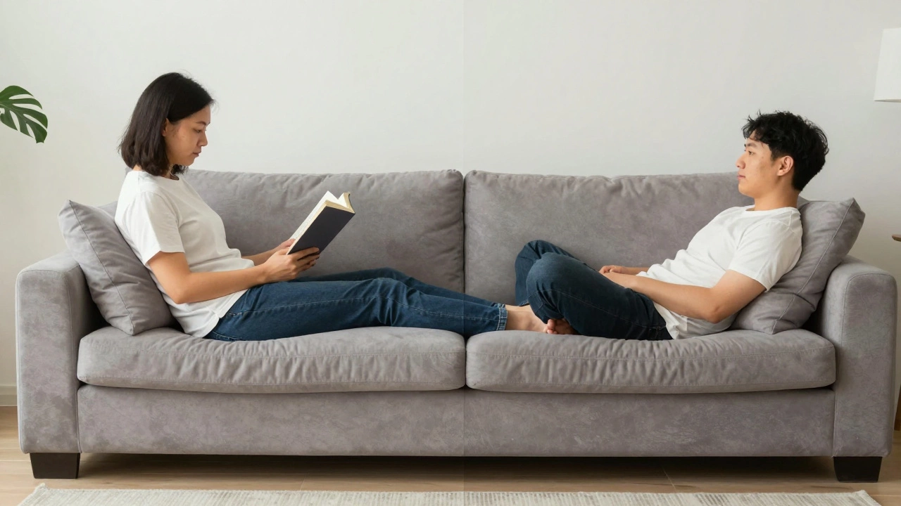 Split view: one person sitting upright, another lounging in a deep sofa.