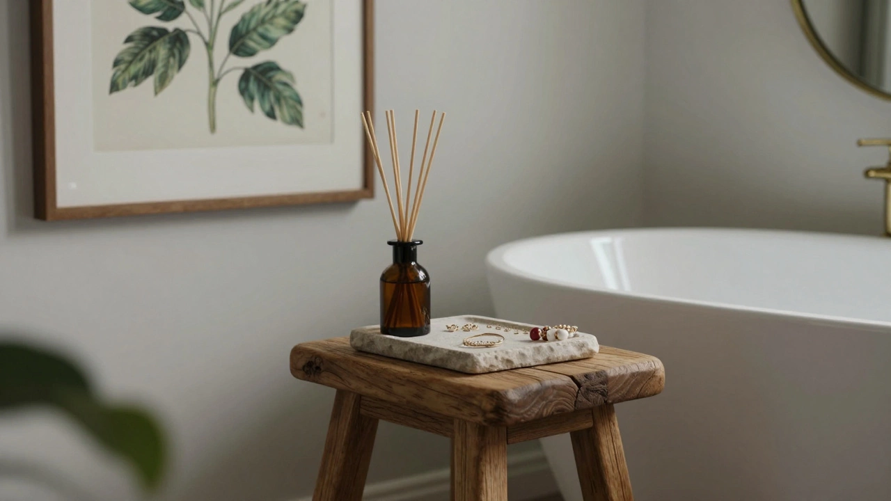 Wooden stool by a tub with a stone tray, reed diffuser, and botanical art