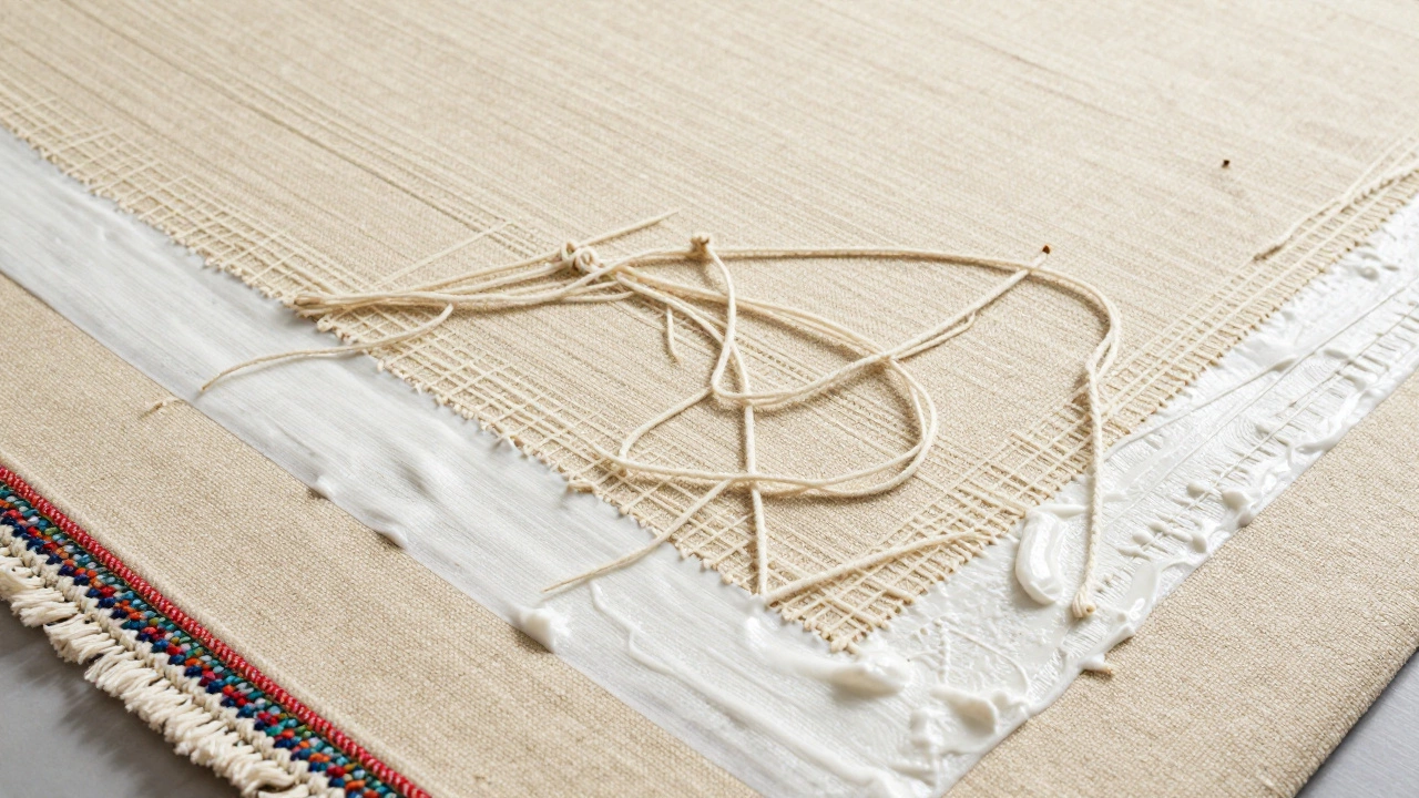 Back of a hand-tufted rug with latex glue and canvas backing